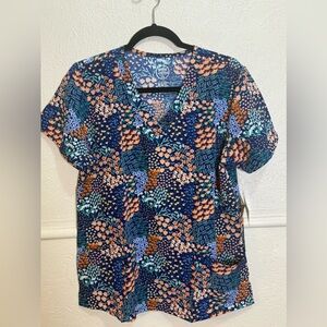 Divine Stretch Navy Blue Floral Print Women's Scrub Top 3 Pocket Large & Small